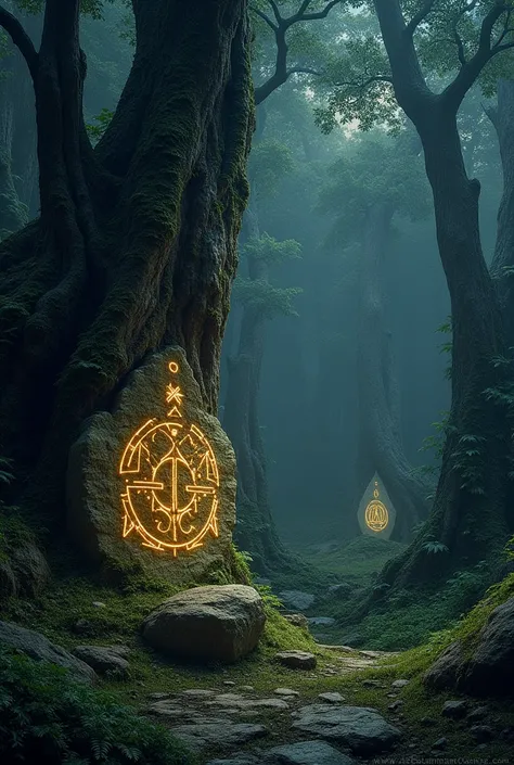 Mysterious glowing symbols carved into ancient trees and rocks, pulsing faintly as the story progresses.
