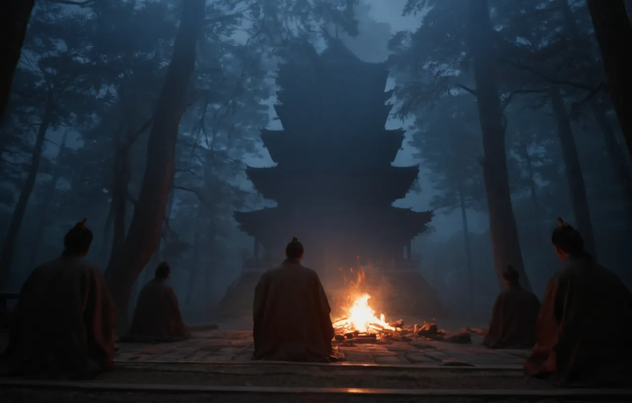 praying at the japanese temple,  high resolution, horror, ghost, mystery, suspense and fear. in the forest, dark, at night. bonf...