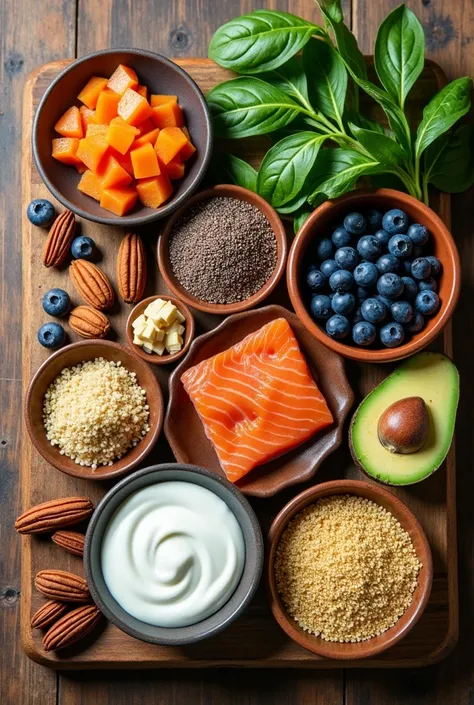  create a wooden table with blueberries, avocado, spinach, cocoa, nuts, Chia, kefir, saffron,  quinoa , salmon on the table . realistic image.