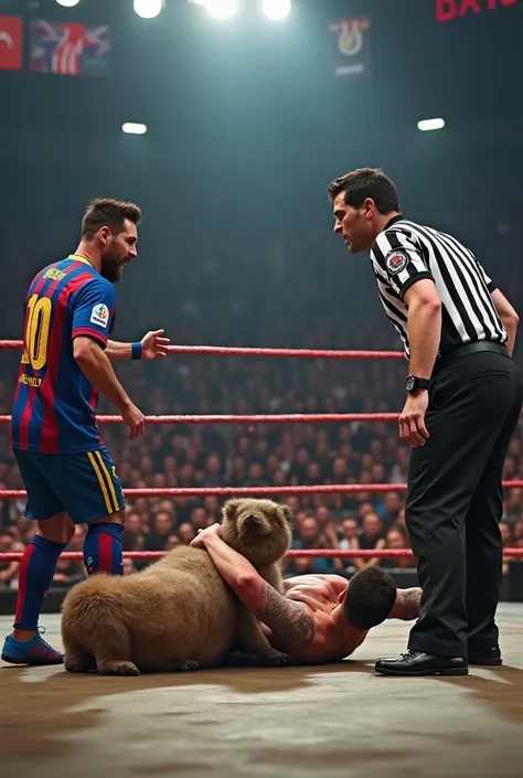 Messi is in the wrestling ring. John Cena falls to the ground and the referee Cristiano Ronaldo makes a mistake for Messi and Messi is angry at the referees decision. How many animals are there. The picture looks realistic
 