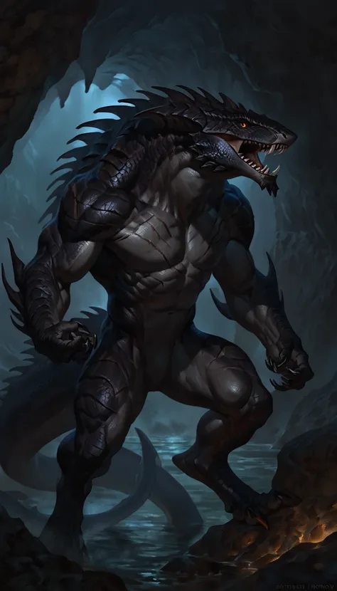 sharkfolk, anthro shark, solo, portrait, scaly, detailed scales, experienced predator,monster, grin, open mouth, dark scaly body, matte body, toned, muscular anthro, big muscles, detailed scales, scars on body, 1male solo, anthro, muscular, thick neck, thi...