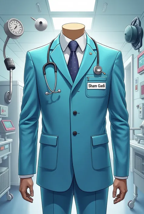 Create an image of doctor suit on their pocket name written Sham Gadi with a hospital background with instrument like bp cheaker etc with head