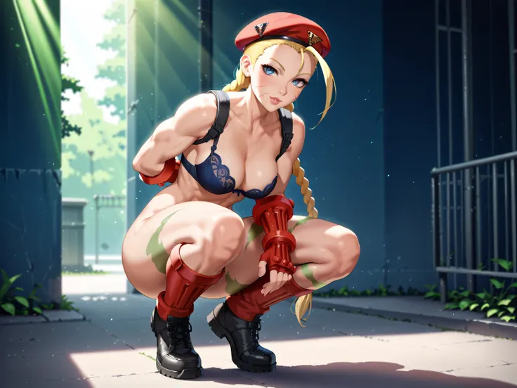 A real raw photo of a 20 year old busty soldier girl, Cammy street fighter, army, random hair color, beautiful face of famous model, Cammy from street fighter, nudity, revealing, detailed skin, fit body, humungous breasts bursting out, thin and slim waist,...