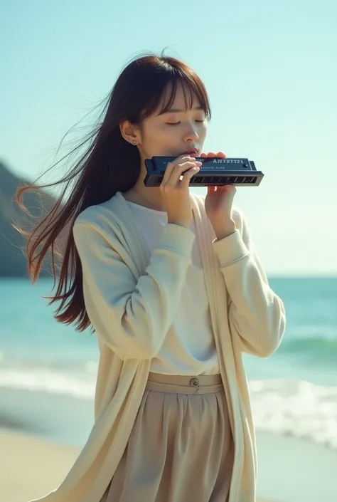 (( best quality)), ((masterpiece)), (  Details),  1 girl, Japanese beautiful girl,
 brown long straight hair blown in the beach breeze、 slender、 slim、Long sleeve shirt and cardigan 、 Long Skirt、Play a big harmonica 、documentaryphoto、 with the power of a mo...