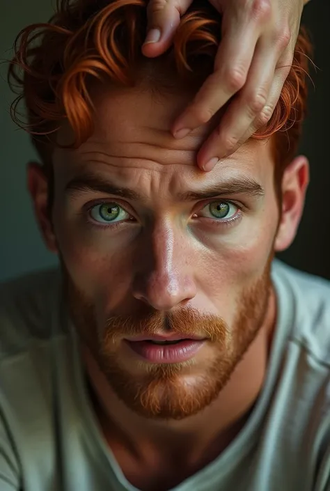 red haired male, handsome man, normal t shirt, close up, extreme close up, green eyes wide in shock, a female is pressing a thumb on his forehead. 