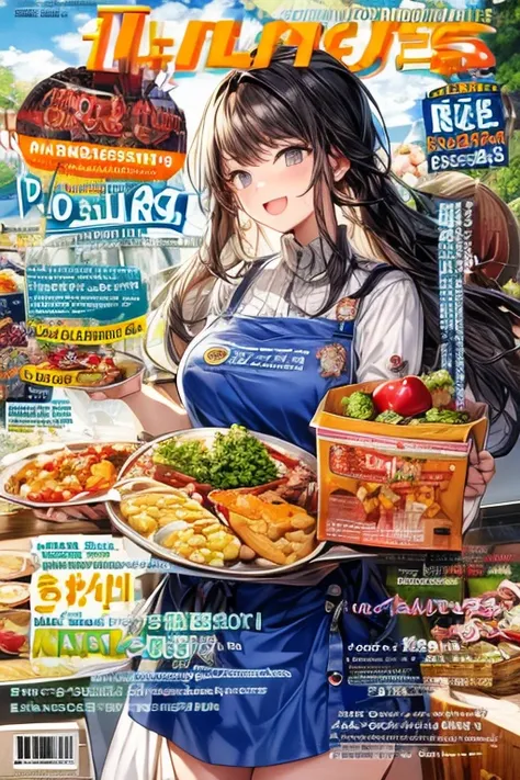 ( best quality,masterpiece:1.2), magazine cover where women are cooking, 1 girl,20 years old,wonderful,cute,Warm smile,hourglass chart,Floral Dress,apron,Food,letter,chart,Magazine Title

