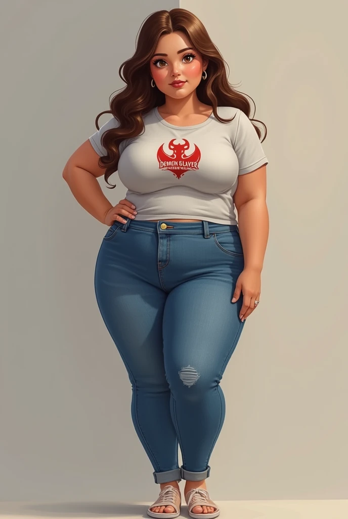 A full-body chubby brunette Brazilian woman wearing jeans and Demons Slayer t-shirt
 