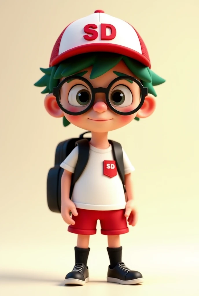 ((picture taken from the front))
The style is 3D animation with a vibrant color palette, in 3 D animation image of a cute and nerdy, with big round glasses,
wearing an Indonesian SD Uniform,
A plain white short shirt with a collar on the neck,
there is a p...