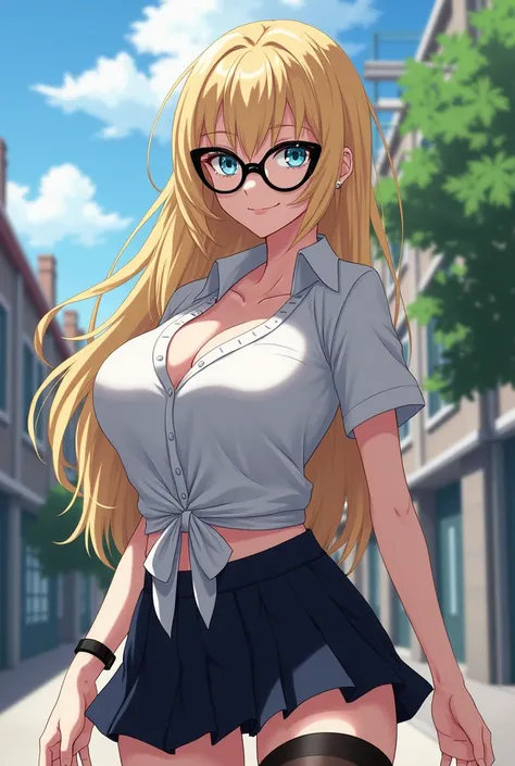 screenshot of my hero academia, light blonde hair,  bright blue eyes, (((oversized cat-eye glasses))), The shirt tied at the waist revealing her slim and curvy waist, slim with huge breasts, ((huge sexy breasts)), outdoors, wears a skirt and her stockings ...