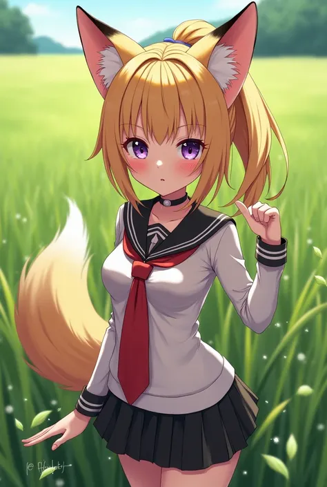 Foxgirl shy Feminim face latex sailor suit black skirt blue long rainbow ponytail hair sexiest anime in grass Field 