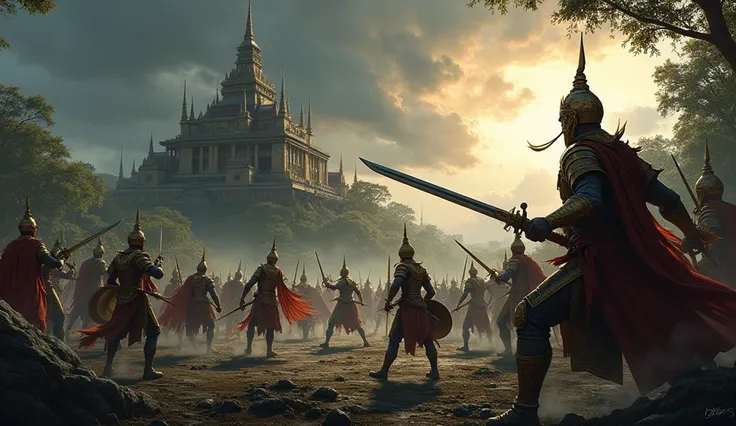 "A traditional Thai battle scene inspired by Lilit Tale of the Vanquished. Depict Thai warriors in ancient armor, such as the krabi krabong fighting style, with swords and shields, set in a majestic yet dark Thai landscape. The scene shows a group of defea...