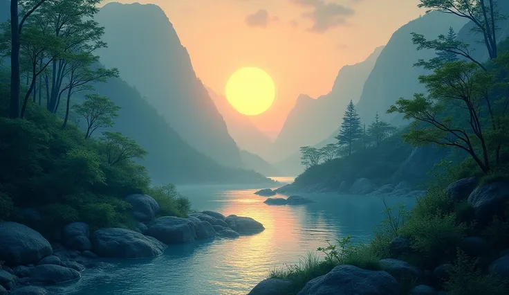 Sunken sun and nature scenery with rivers and mountains and forests blue color 