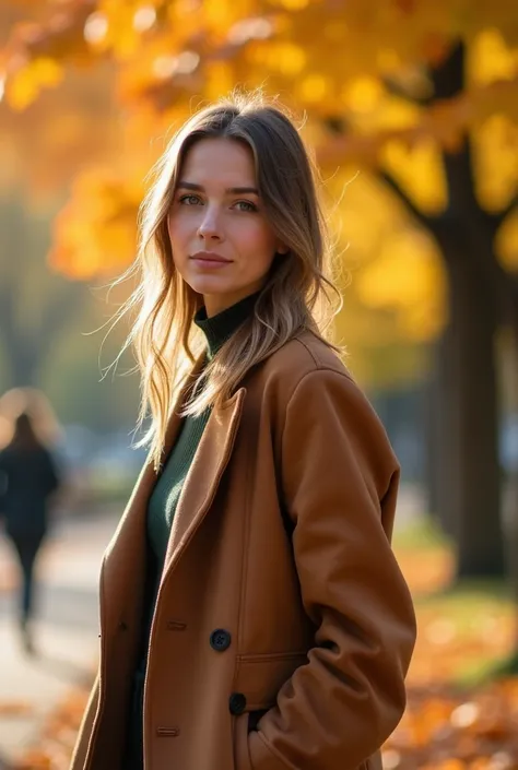 Portrait taken in a corner of a park on a calm autumn afternoon. Colourful autumn leaves are in the background. A very attractive young pretty lady is strolling along, dressed in stylish autumnal fashion. The natural light softly illuminates her face, crea...