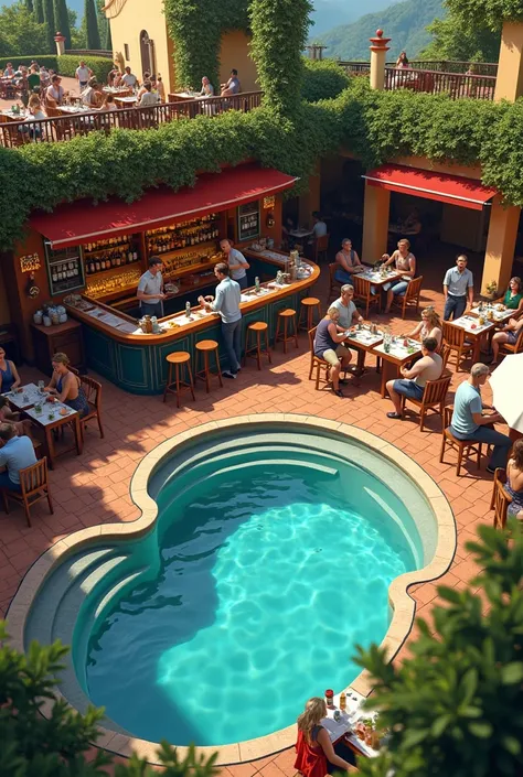 Bar with pool in Italy and a bartender with lots of tables and people 