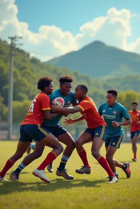 Africa Grade 10 learners practicing tackling in rugby two teams woth two different colors 