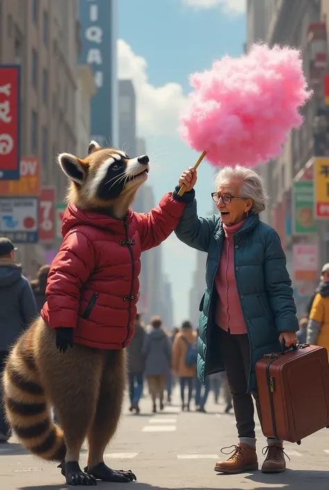 The raccoon stealing cotton candy from an elderly woman and the elderly woman beating the raccoon with her suitcase