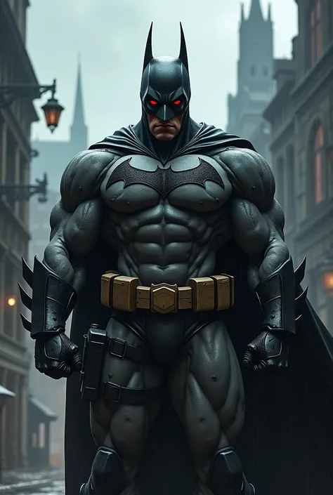  muscular man,  dressed in Batman military armor, helmet covering nostrils and mouth ,  red eyes glowing ,  in the background Gothic and Rainy City 