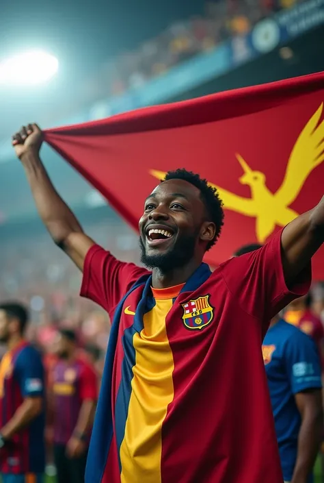 Generate a photo of an African fan at the stadium wearing the Barcelona and Liverpool jerseys at the same time
With a banner 