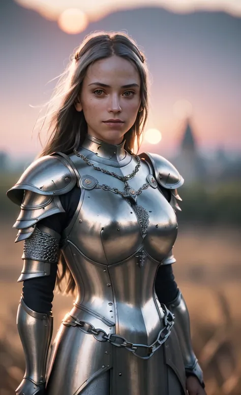 (masterpiece), (is extremely complex:1.3), ( actual ), Portrait of a girl,  The most beautiful , (Medieval Armor), metallic reflective,  upper body, Outdoors, Strong sunlight,  remote castle , Professional photo of a stunning woman，Clear details,  clearly ...