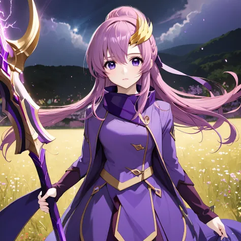 mast、 best quality、 1 Girl 、thunder and lightning (Genshin Impact)、Purple Hair、 purple eyes、 long hair、 Headband、 hair accessories、 Staring at the Audience 、 facing the viewer 、Juras Special Weapon Claymore Sword