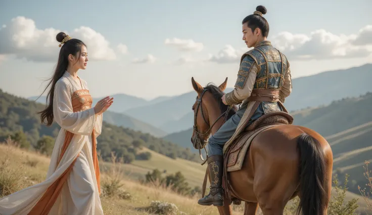 Tang Dynasty,Girl wearing Hanfu,男孩身披Tang Dynasty铠甲和(Leather Armor:1.1),,The boy rides a horse , and looks back at the girl , The eyes of the two are full of disappointment 。,Girl says goodbye with tears 。 and uses slow camera to capture the back of the boy...