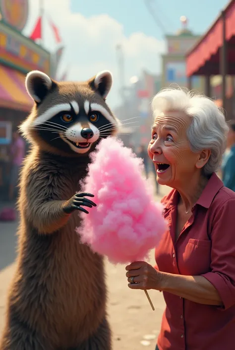 The raccoon stealing cotton candy from an elderly woman