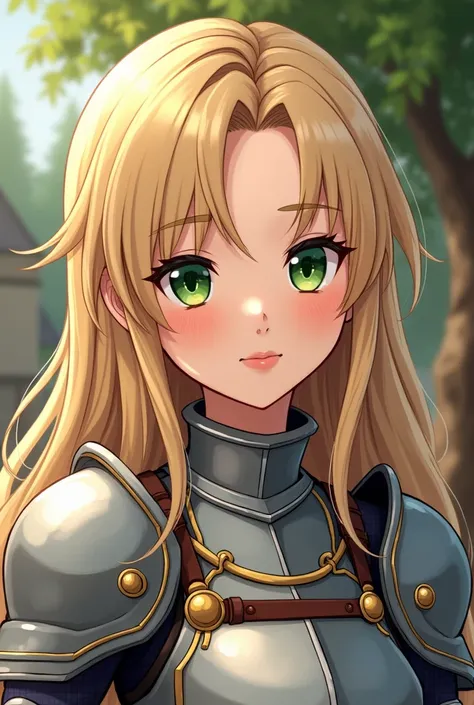 Pretty girl, Blonde,  green eyes, Nice face , article, thick eyebrows, Straight bangs, anime, medieval armor, A slight smirk as if ashamed, Cartoon style, 