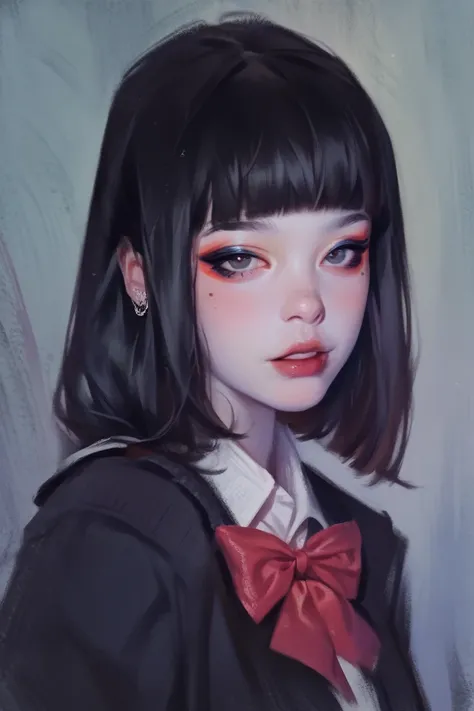 smudgy, traditional art, liu2, brush texture, score_9, score_8_up, score_7_up, score_6_up, score_5_up, score_4_up, BREAK 1girl, intricate, school outfit , (eyeliner:1.2), looking at viewer, black hair, hime-cut, pale skin, jewelry, detailed background, bre...