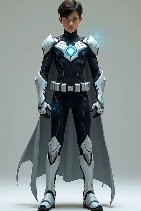 teenage boy, black bodysuit, white belt with silver utility pouches, glowing energy pauldrons, a cape with a starry interior, gloves with glowing fingertips, segmented calf and shin armor with glowing lines, a three-dimensional glowing chest emblem, a belt...