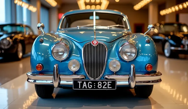 Classic Muscle Jaguar GT 1960 shining blue colour Street front view front licence plate Clear Write Jaguar GT in luxurious showroom