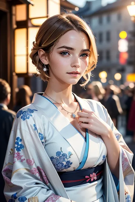 A gorgeous Japanese kimono, white kimono, fireworks festival, full-body tattoos on the chest, hair styled up, full-body photo, sexy expression, short haircut, perfect wishful expression, (((masterpiece))), ((best quality)), ((hyper-realistic)), mature woma...