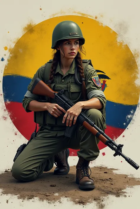 A female soldier kneeling with the flag of Ecuador, a rifle and a machete all enclosed in a circle. 