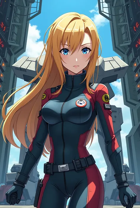 Anime portrait of a blonde female Zaku 3 pilot in space ships hanger