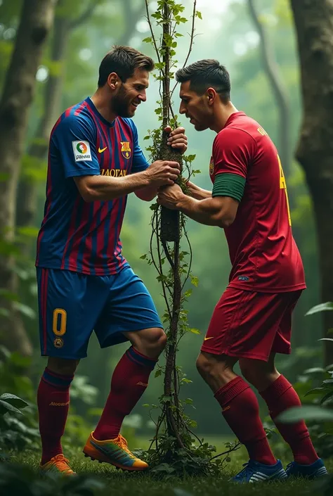 Messi and Ronaldo tying vines together or lifting a heavy object, working together to create the trap.
