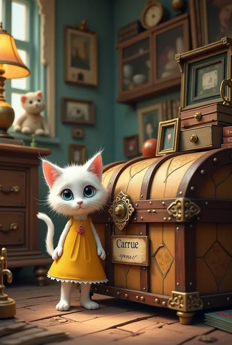 A white humanoid cat wearing yellow frock, stands in the attic next to a large, antique wooden chest with ornate designs and a tag on it that reads, "Open me!" The attic is filled with old items like books, photo frames, and a vintage lamp. Minnis eyes are...