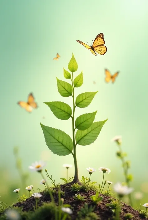 concept:  A young tree or plant growing skyward ,  surrounded by elements such as butterflies or small flowers that symbolize evolution and rebirth.
Cores:  mint green , beige and gold to convey freshness and renewal .