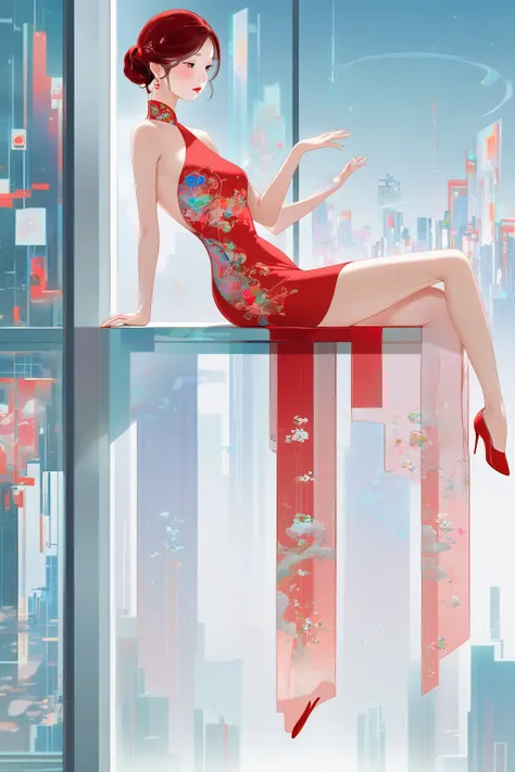 A minimalist, elegant illustration of an asian woman sitting on the windowsill in front a large glass panel,  futuristic city background. She is wearing a short colorful embroidered mini qipao, her foot gently dangling a backless, sideless, strapless high-...