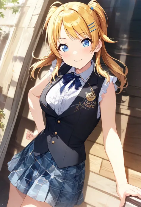 (masterpiece), ( best quality), ( ultra detail), ( best illustration), ( vest shadow ), ( absurd), ( detailed background), ( Very Aesthetic ),  meguru hachimiya,  1 girl,  blonde hair,  skirt, Alone,  blue eyes,  Hair Ornament , smile, Check pattern, chest...