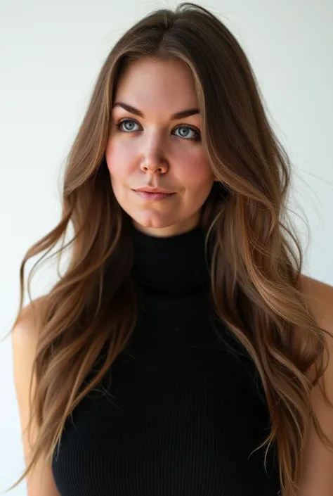 very fashionable photo shoot of a girl in a black turtleneck, on a white background,  professional photo ,  long light brown hair 