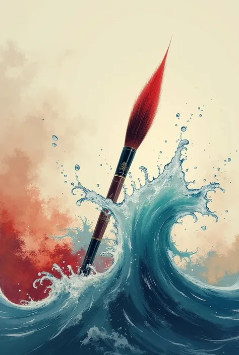   A calligraphy brush scattered with colorful waves, Chinese ink painting as background 