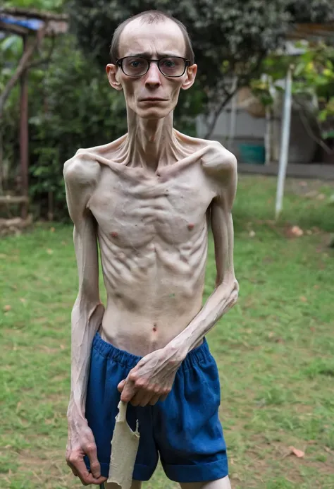 ((Side pose)) extremely thin and ugly young man, emaciated and starving, weighing only 30 kg, 1.6 m tall. He has very thin arms, is badly injured, wears a school uniform, blue shorts, black shows and a white shirt and his legs are very thin. The man is pal...