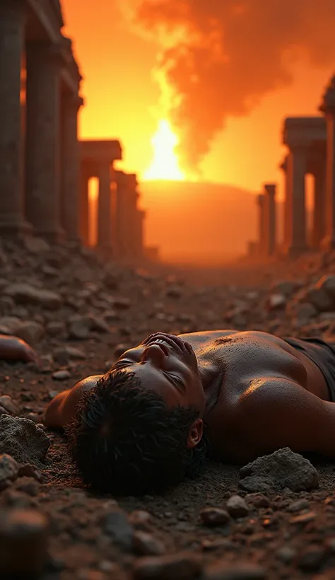 (photorealism:1.2), mayat manusia pompeii, Packed with fiery heat, lying on the ground,  in old pompeii building , sky rain fire, the night,  image in cinematic zoom