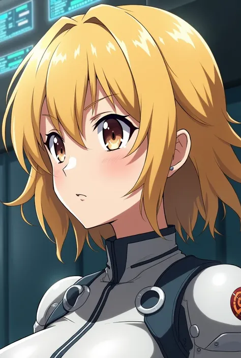 Anime portrait of a young blonde female Zaku 3 pilot named Astraea Kisaragi what would she look like?