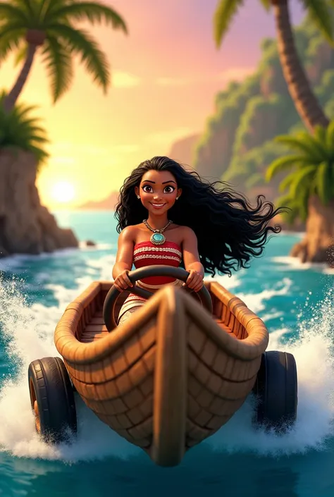 Cartoon character Moana driving