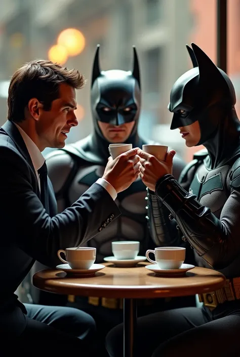  Tom Cruise from Mission Impossible with Batman and Scarlett Johansson drinking coffee making a toast and smiling 