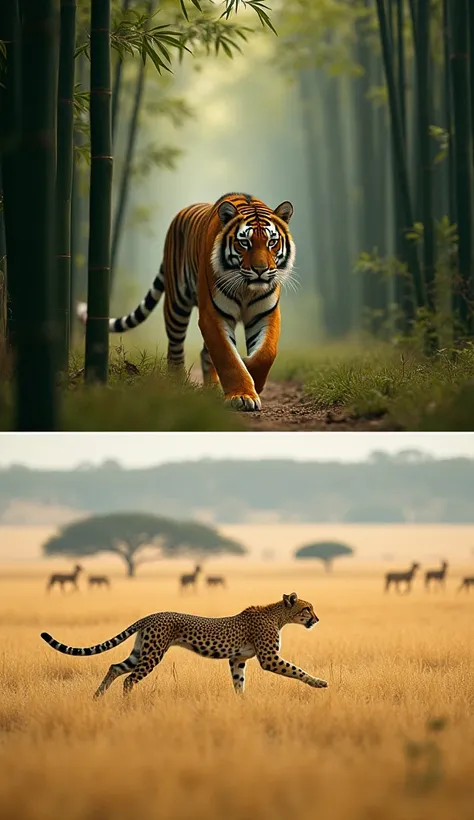 1. Tiger in a Bamboo Forest Above, Cheetah on the Savannah Below
A tiger prowling through a misty bamboo forest, its stripes blending with the green stalks, while below, a cheetah sprints across the golden savannah, chasing a herd of gazelles.