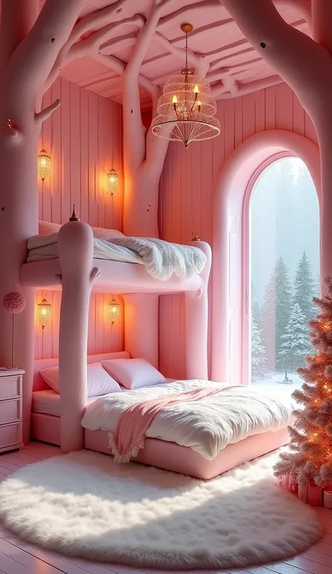  Its a unique, fantasy-inspired pink wooden bedroom 、 There is a bunk bed designed with natural pink tree trunks and branches in the center。the bed frame is made of smooth, curved branches、 The stairs are also designed to resemble the color of pink tree br...