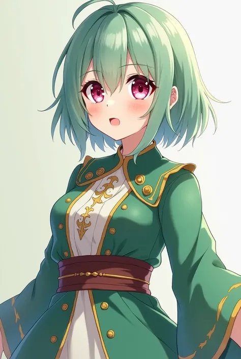 Pretty girl,  The hair color is slightly dark between mint and green, Short hair, Medieval commoner costume ,  Big eyes, sharp impression , Pink Eyes, Four legs, anime, A slightly more cloudy hair color