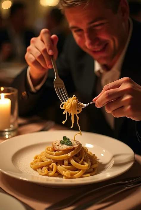 Une image prise de celui qui l a mangé de pates italiennes a la creme de truffe italienne et avec du parmesan championne du monde dans un restaurant luxueux avec une ambiance tamisée et des bougies