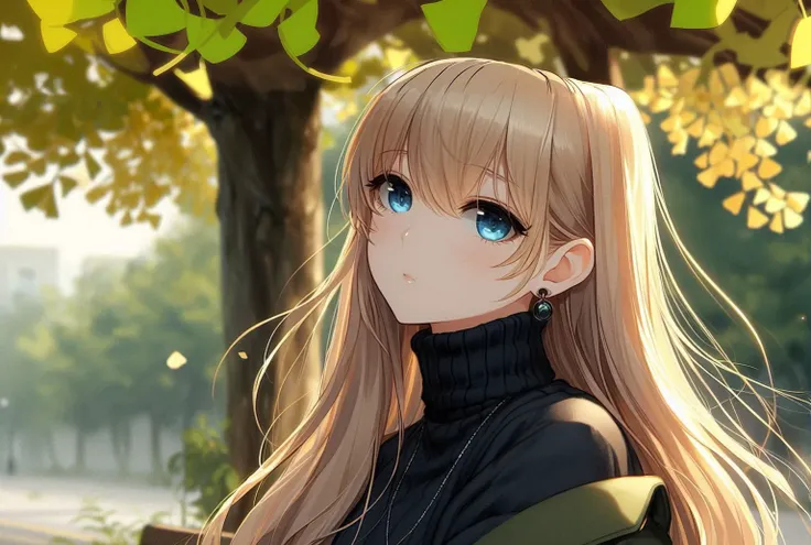 anime style, a lady, blonde straight hair, Long bangs hang over one eye, blue eye, playing from side, black dark gray turtleneck sweater, green jacket, windy, under Ginkgo trees,